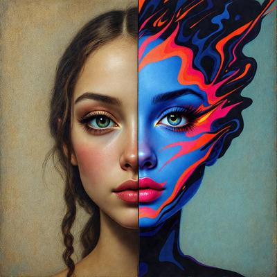 The primary subject of the image is a woman with a ponytail. She is depicted in two different colors, one being blue and the other being red. The setting is a painting, and the visual style is a combination of digital art and illustration. The dominant colors are blue and red, creating a vibrant and lively atmosphere.